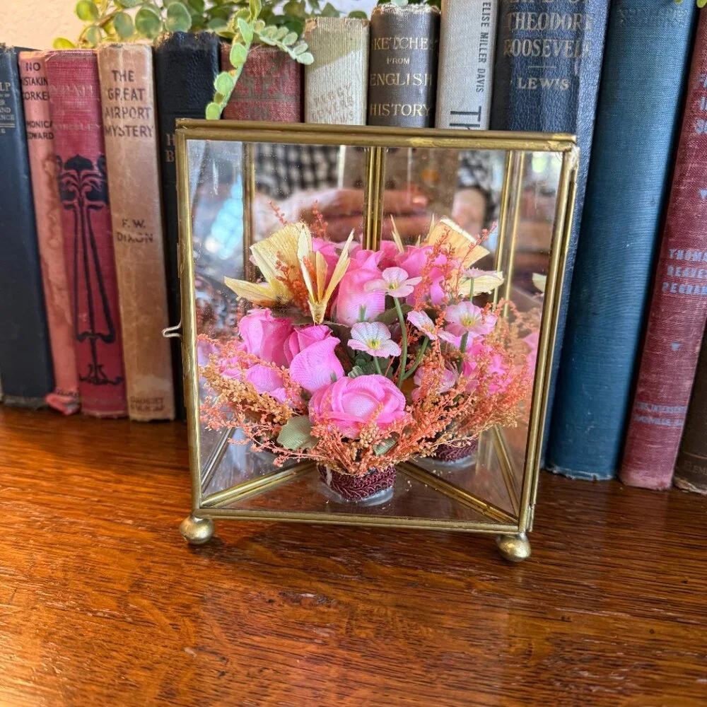 Vintage Glass/Mirrors & Brass Triangular Box with Flowers